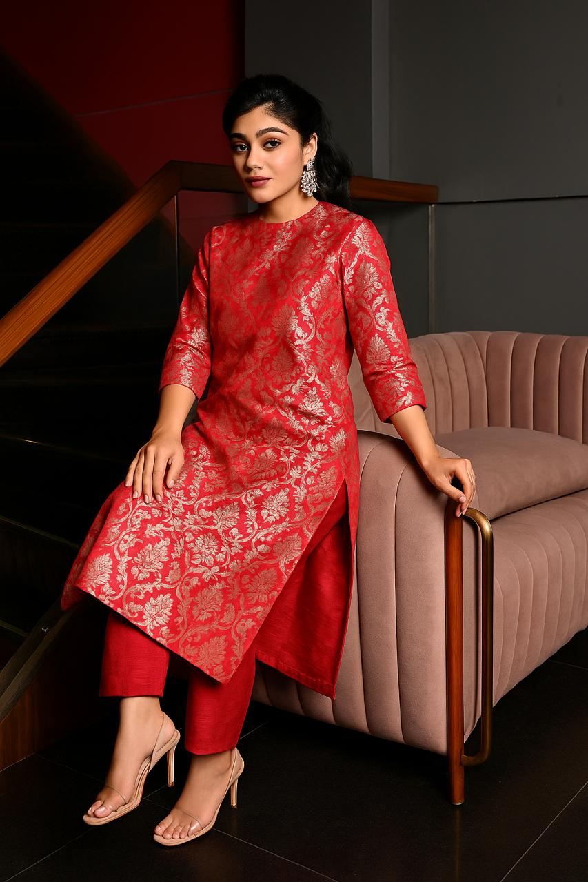 Crimson Red Brocade Silk Kurta Set