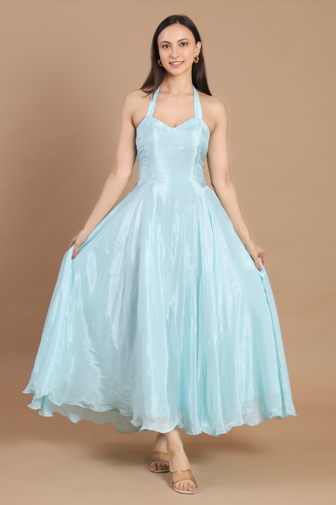 Aqua Gleam Halter-Neck Silk Gown