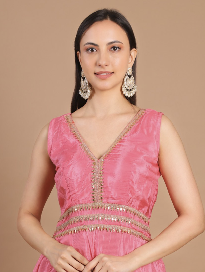 Blush Pink Ethnic Silk Jumpsuit with Embellished Detailing